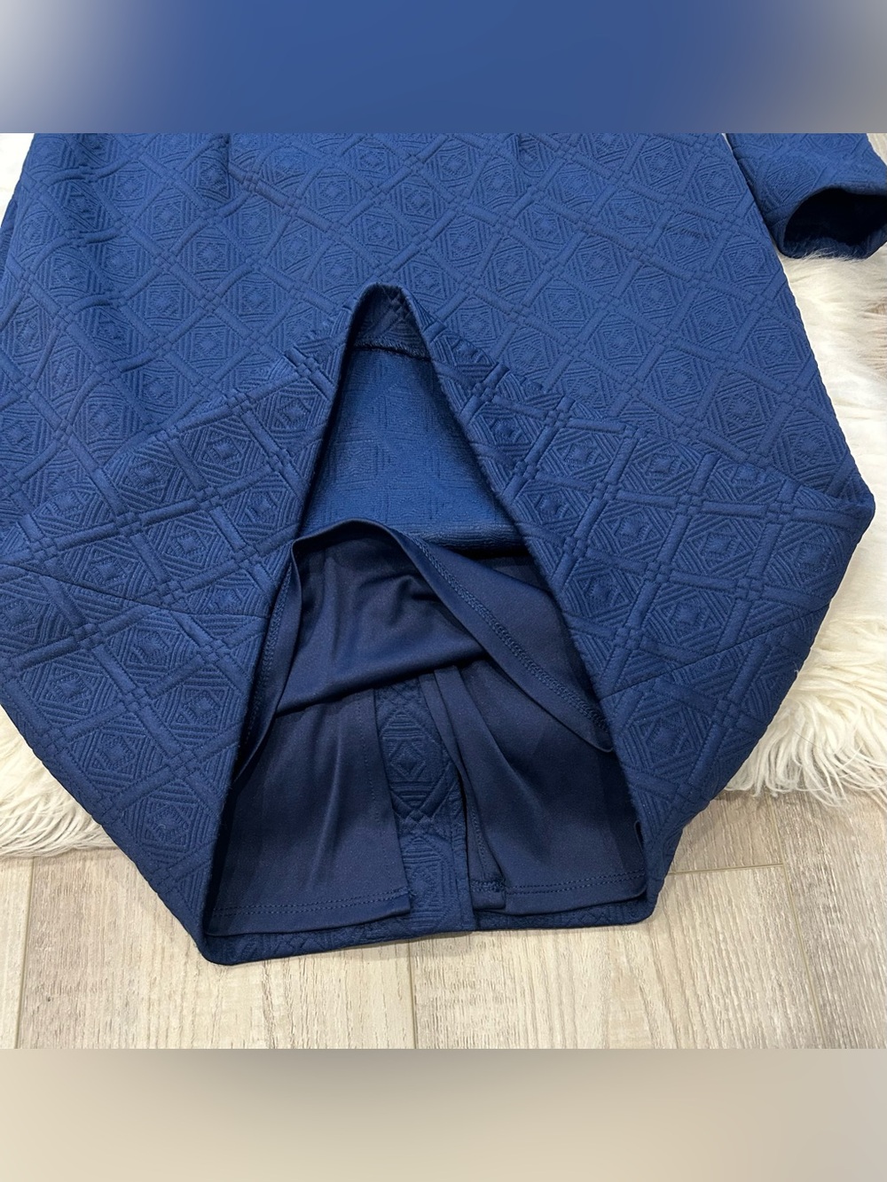 Betsey Johnson Size 8 Textured Geometric Diamond Dress Long Sleeve Navy Blue - Picture 10 of 16